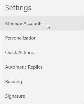 Shows selecting Manage Accounts on the Mail settings menu